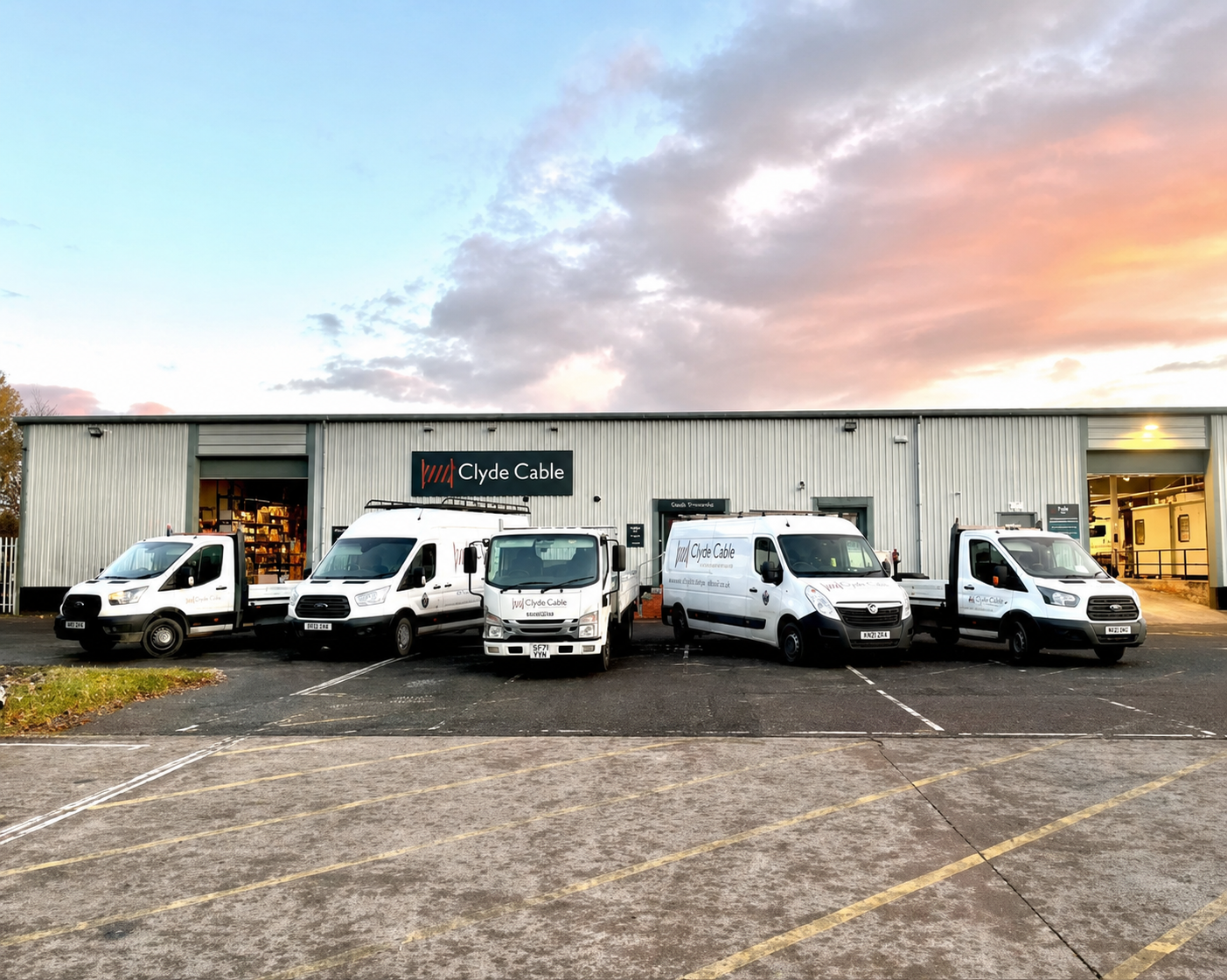 Clyde Cable depot in Wardpark, Cumbernauld with fleet of branded vans